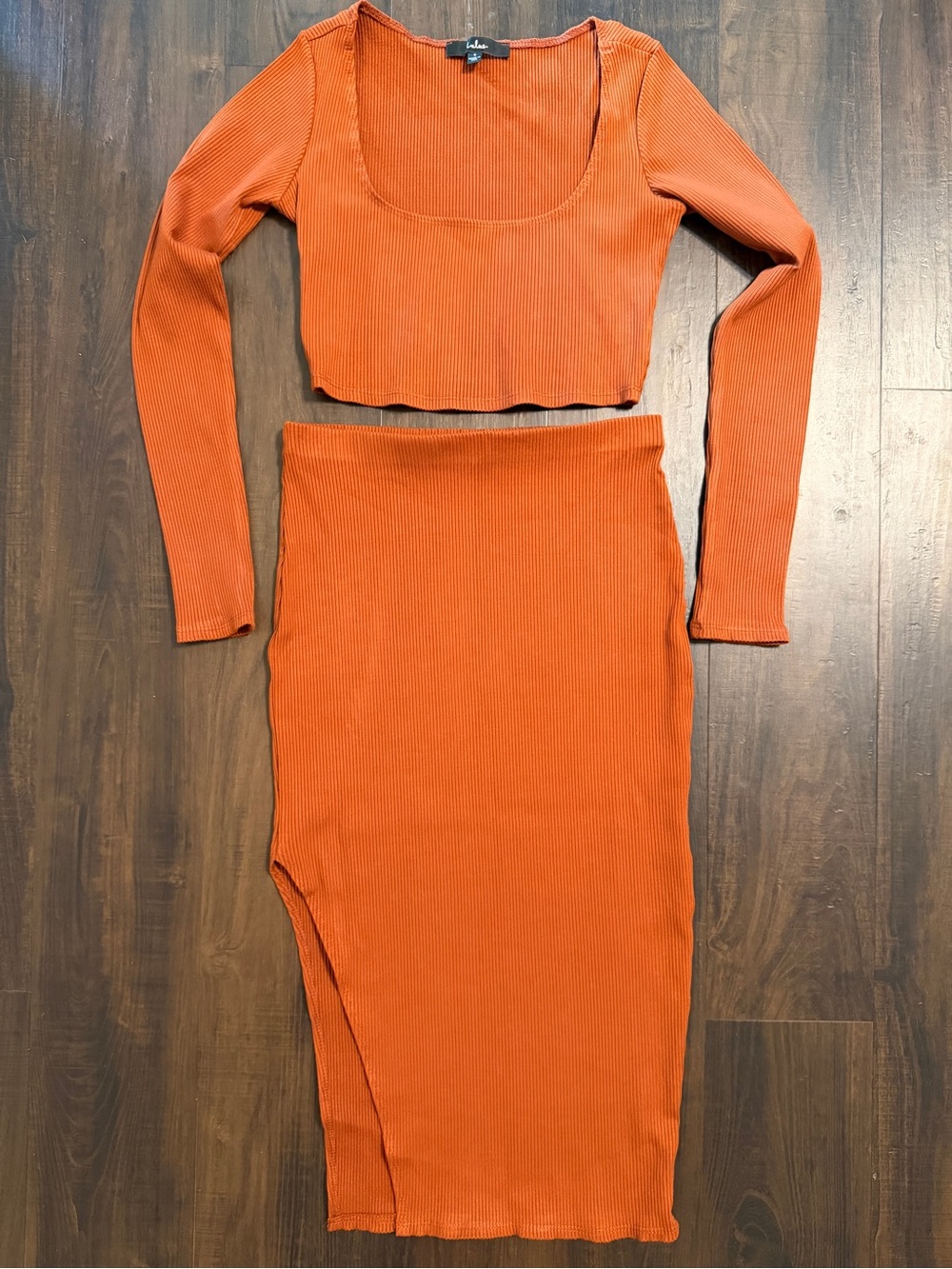 Lulu's Women’s Small Orange Ribbed Two-Piece Midi Skirt Set Fall Vibes